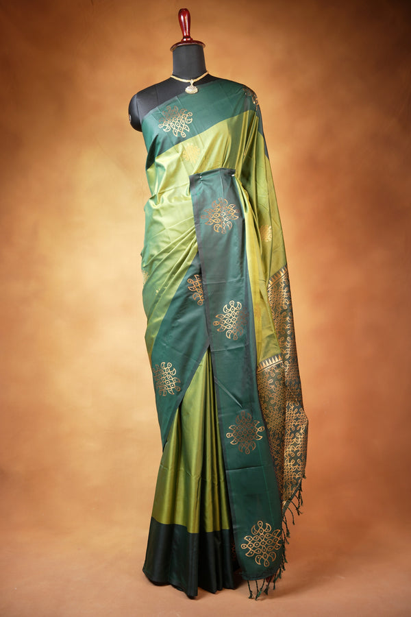 Kolam Design Soft Silk Saree | Moss Green Body with Dark Green Contrast Border | Pooja & Festive Wear