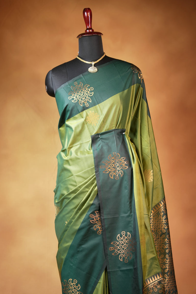 Kolam Design Soft Silk Saree | Moss Green Body with Dark Green Contrast Border | Pooja & Festive Wear