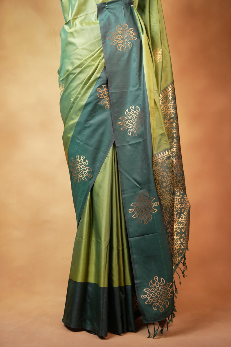 Kolam Design Soft Silk Saree | Moss Green Body with Dark Green Contrast Border | Pooja & Festive Wear