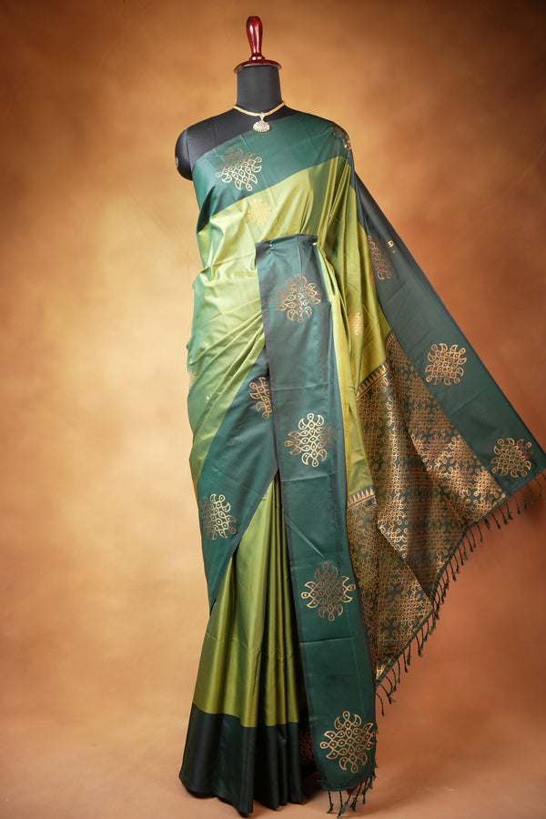 Kolam Design Soft Silk Saree | Moss Green Body with Dark Green Contrast Border | Pooja & Festive Wear