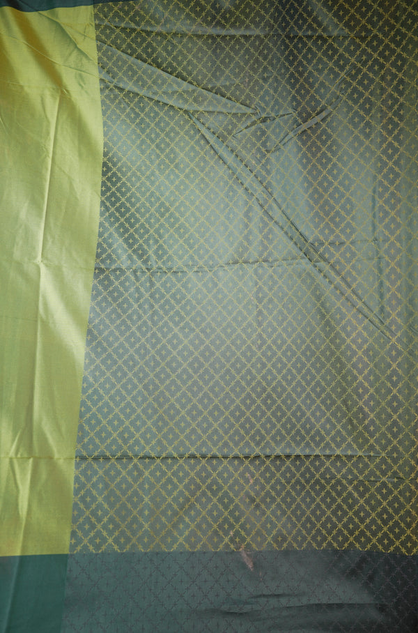 Kolam Design Soft Silk Saree | Moss Green Body with Dark Green Contrast Border | Pooja & Festive Wear