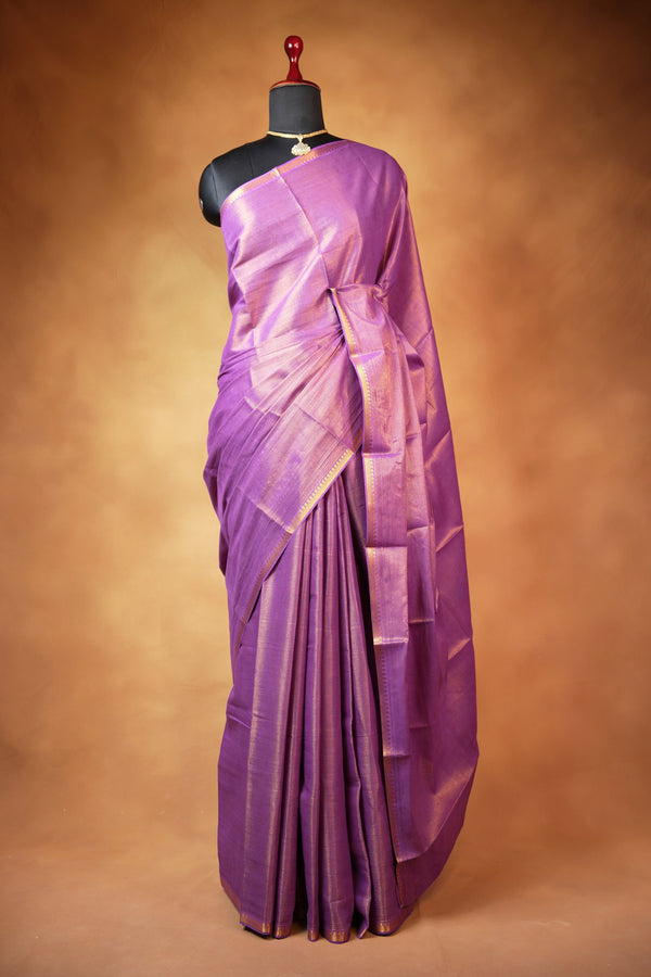 Chungudi Style Tissue Saree | Lavender Purple Plain Body with Gold Zari Trim | Wedding Guest Wear