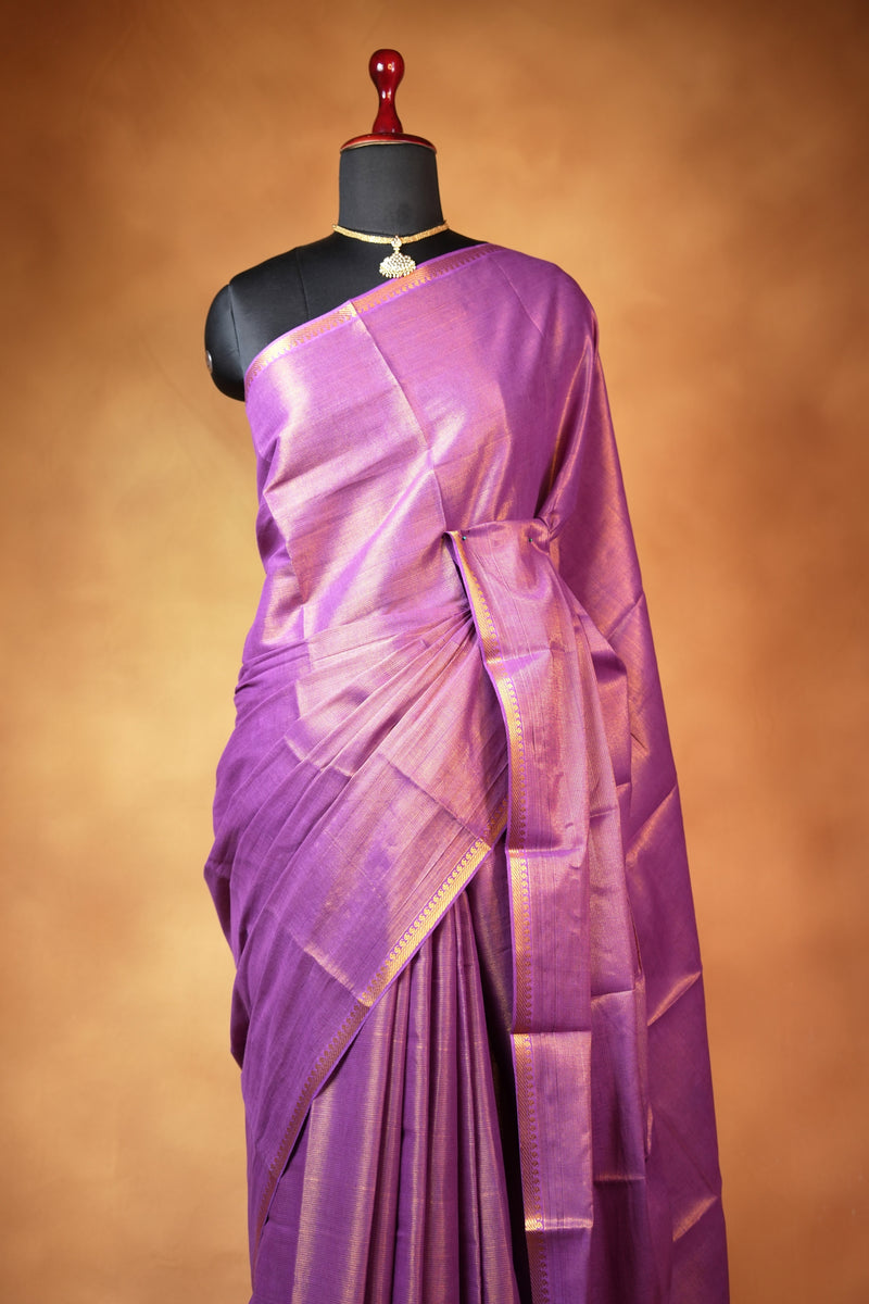 Chungudi Style Tissue Saree | Lavender Purple Plain Body with Gold Zari Trim | Wedding Guest Wear
