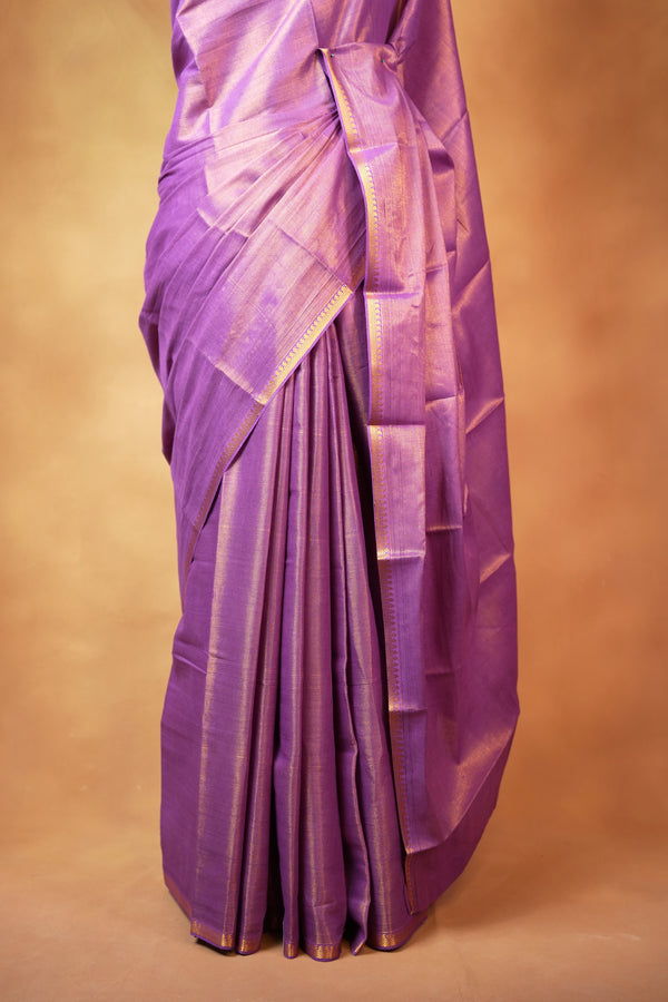 Chungudi Style Tissue Saree | Lavender Purple Plain Body with Gold Zari Trim | Wedding Guest Wear