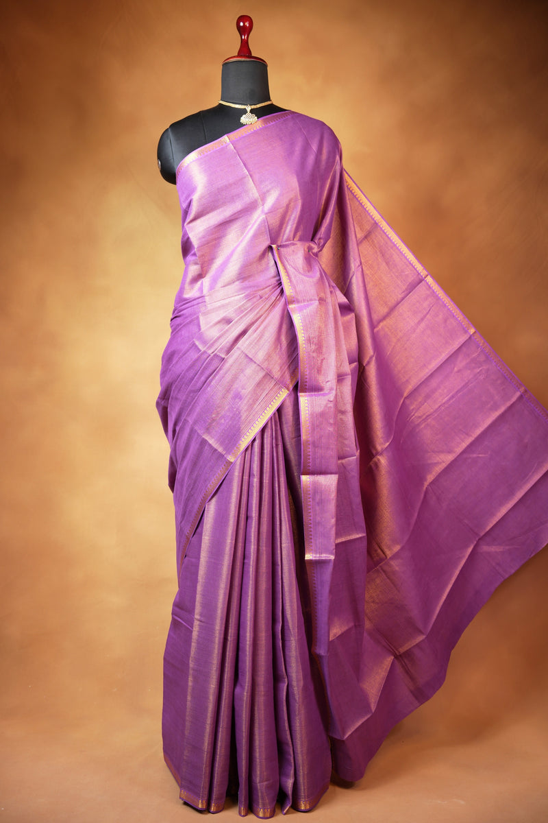 Chungudi Style Tissue Saree | Lavender Purple Plain Body with Gold Zari Trim | Wedding Guest Wear