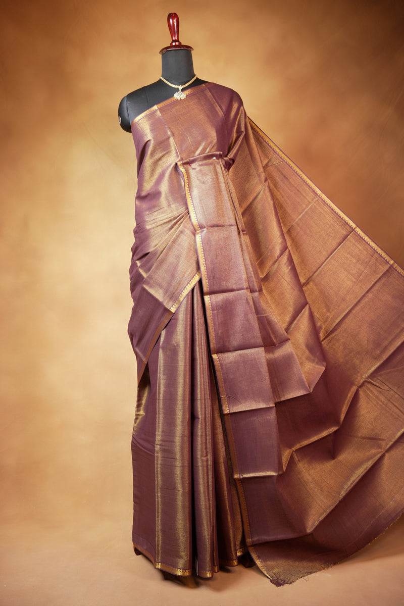 Chungudi Tissue Saree | Dusty Purple with Golden Shimmer & Narrow Zari Border | Festive & Pooja Wear