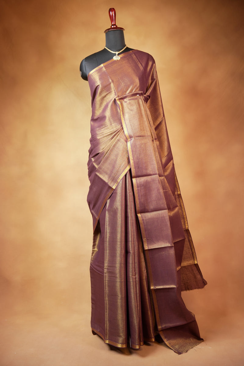 Chungudi Tissue Saree | Dusty Purple with Golden Shimmer & Narrow Zari Border | Festive & Pooja Wear