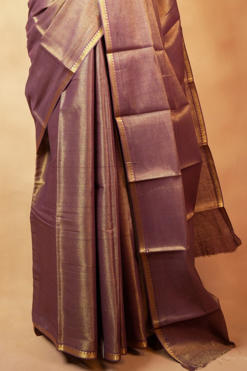 Chungudi Tissue Saree | Dusty Purple with Golden Shimmer & Narrow Zari Border | Festive & Pooja Wear