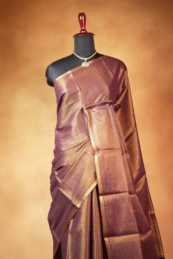 Chungudi Tissue Saree | Dusty Purple with Golden Shimmer & Narrow Zari Border | Festive & Pooja Wear