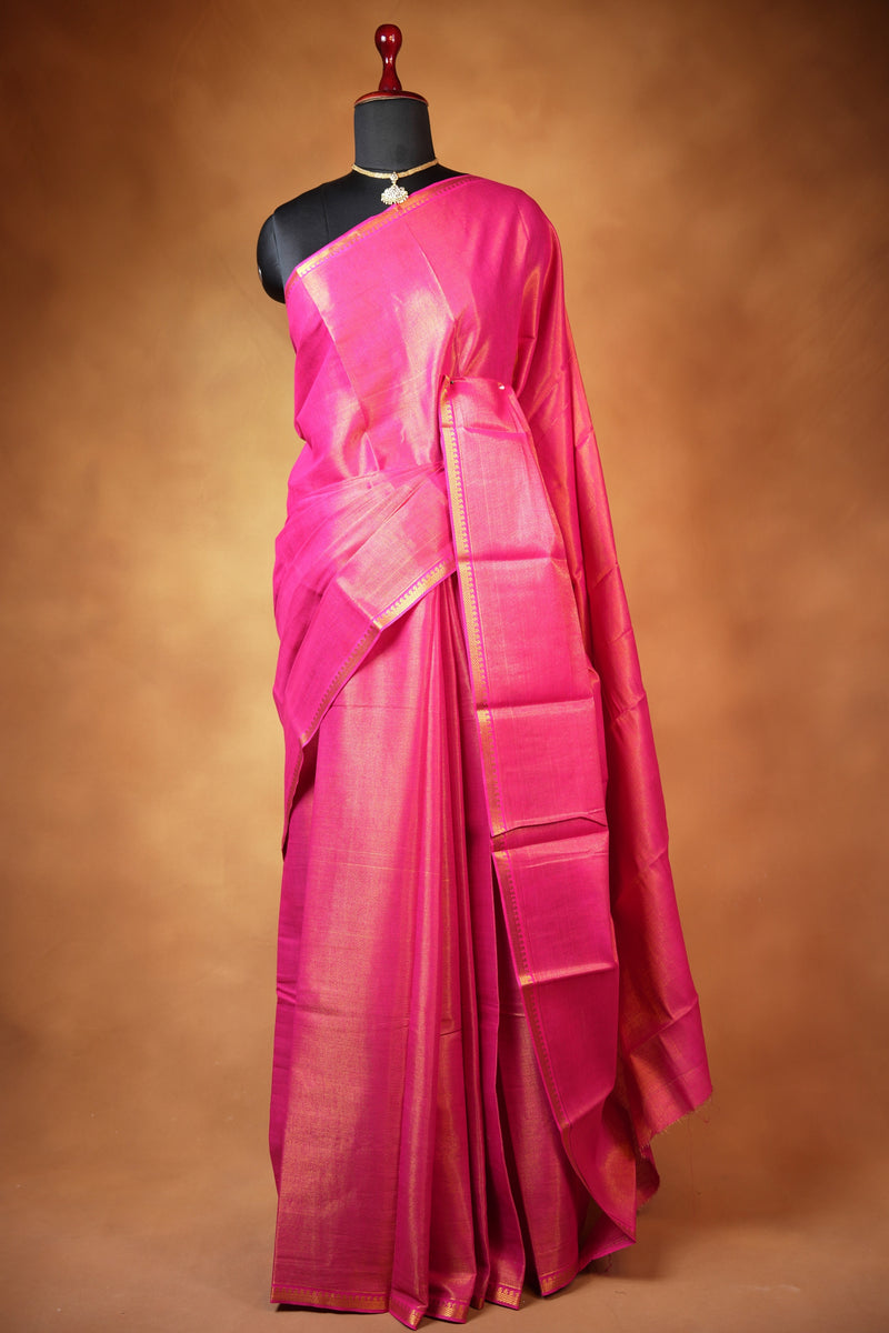 Chungudi Tissue Saree | Rani Pink with Golden Shimmer & Narrow Zari Border | Festive & Pooja Wear
