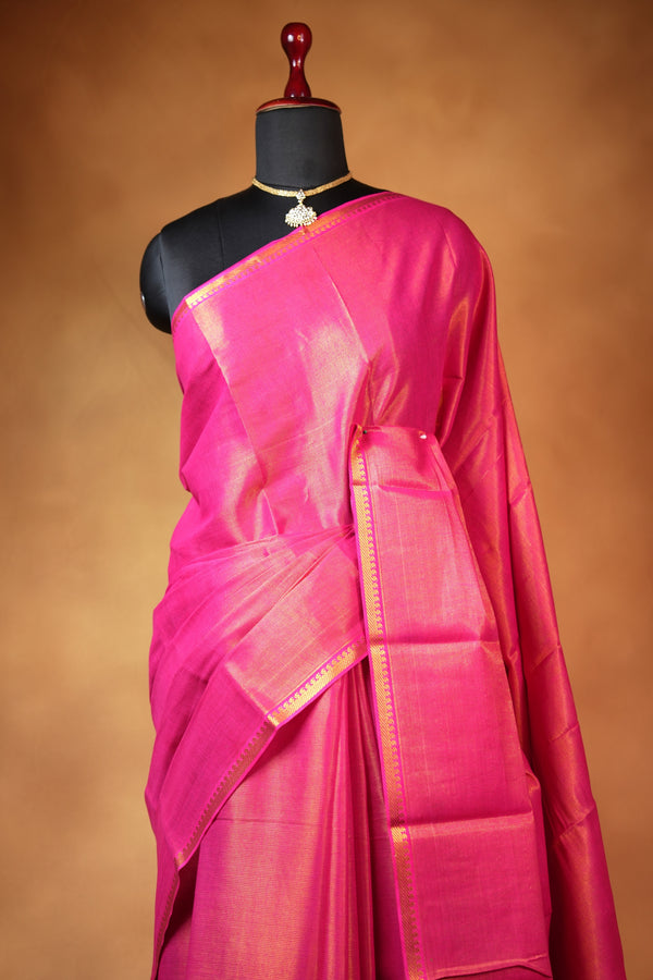 Chungudi Tissue Saree | Rani Pink with Golden Shimmer & Narrow Zari Border | Festive & Pooja Wear
