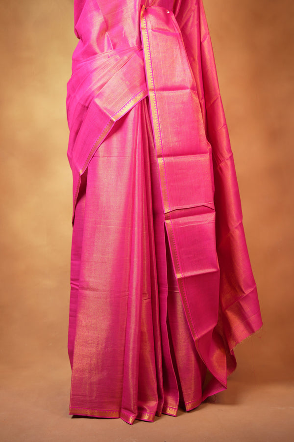 Chungudi Tissue Saree | Rani Pink with Golden Shimmer & Narrow Zari Border | Festive & Pooja Wear