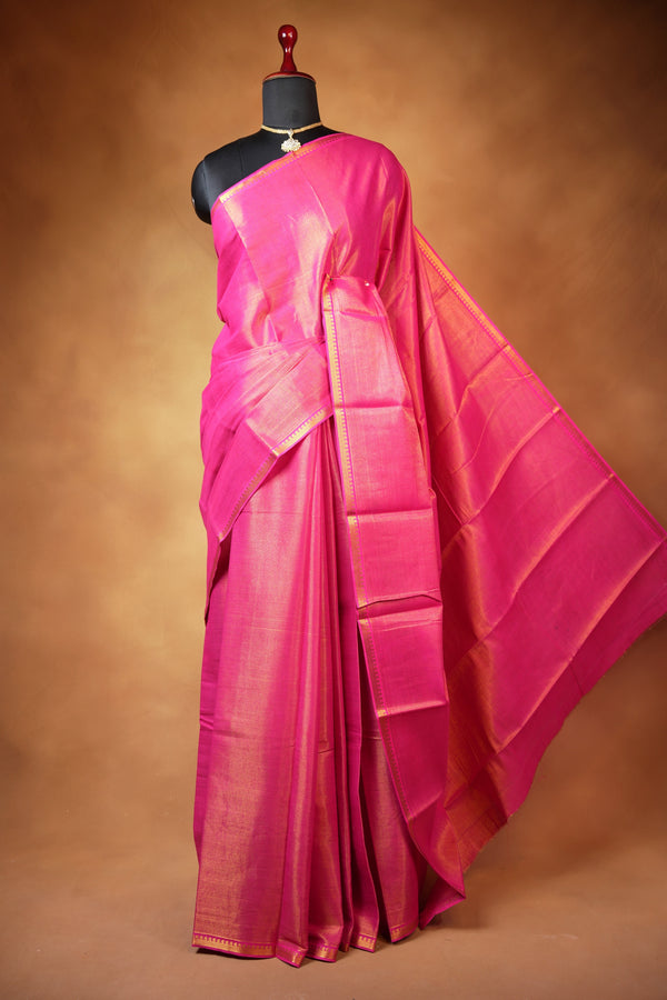 Chungudi Tissue Saree | Rani Pink with Golden Shimmer & Narrow Zari Border | Festive & Pooja Wear