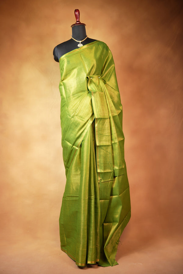 Chungudi Tissue Saree | Olive Green with Golden Shimmer & Narrow Zari Border | Festive & Pooja Wear