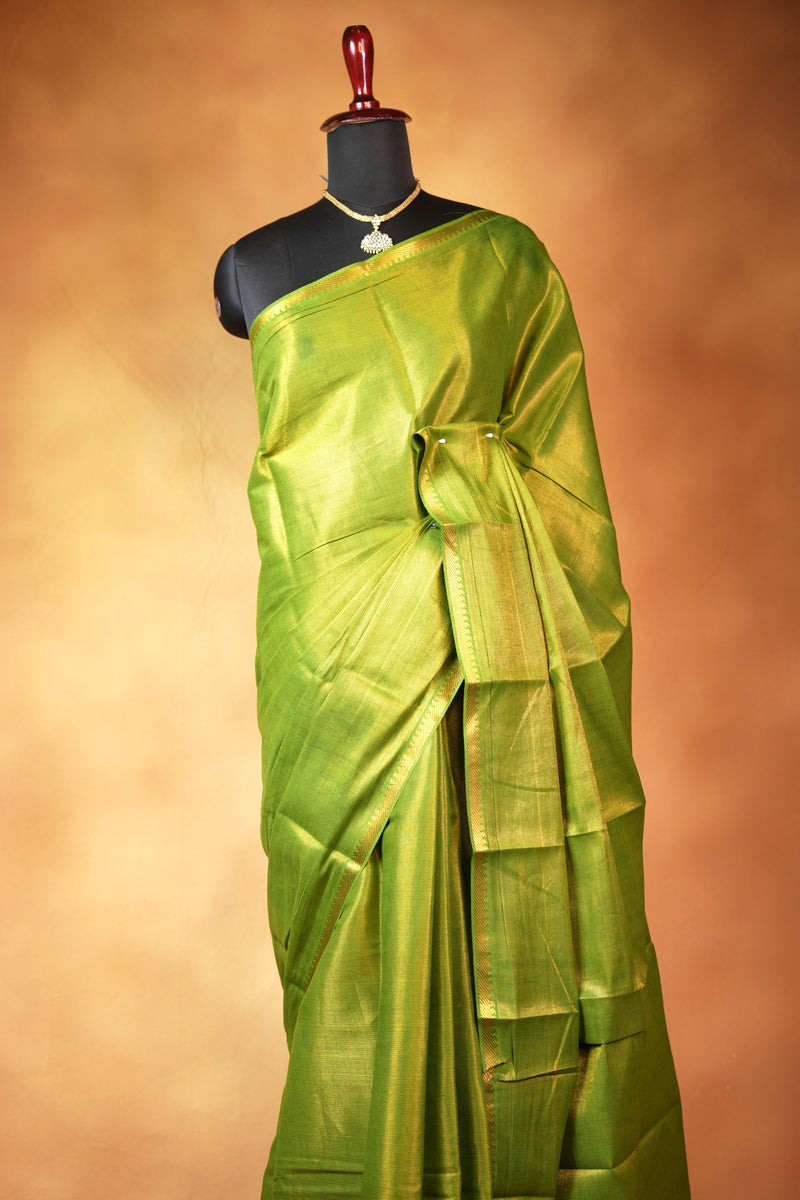 Chungudi Tissue Saree | Olive Green with Golden Shimmer & Narrow Zari Border | Festive & Pooja Wear