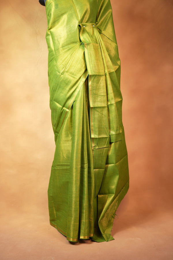Chungudi Tissue Saree | Olive Green with Golden Shimmer & Narrow Zari Border | Festive & Pooja Wear