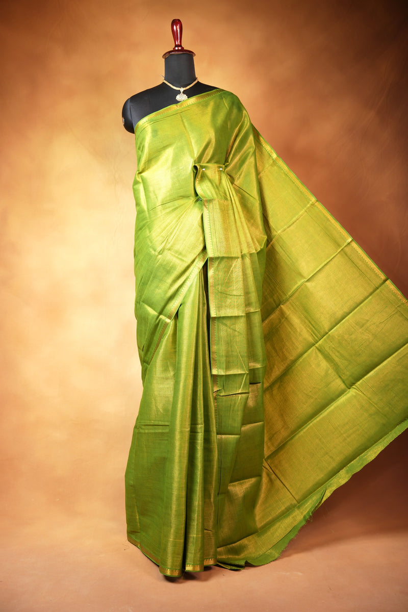 Chungudi Tissue Saree | Olive Green with Golden Shimmer & Narrow Zari Border | Festive & Pooja Wear