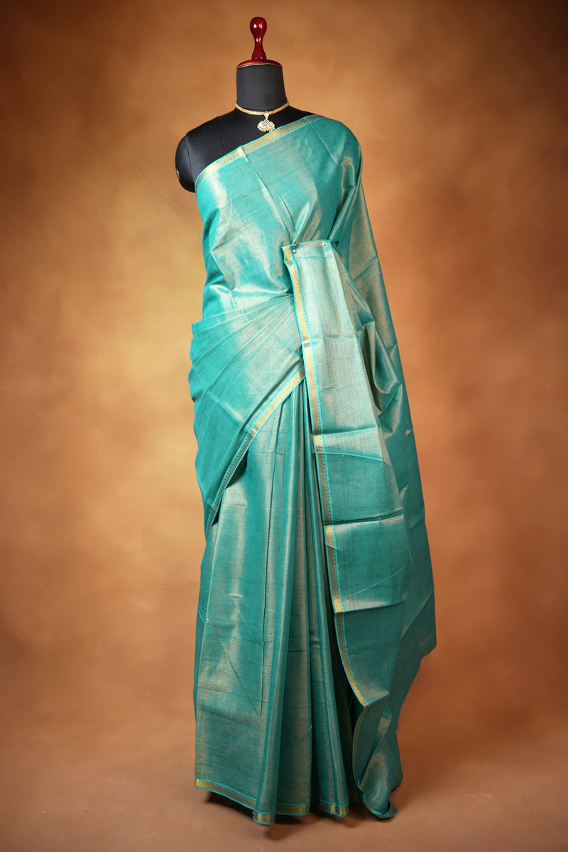 Chungudi Tissue Saree | Teal Green with Golden Shimmer & Narrow Zari Border | Festive & Pooja Wear
