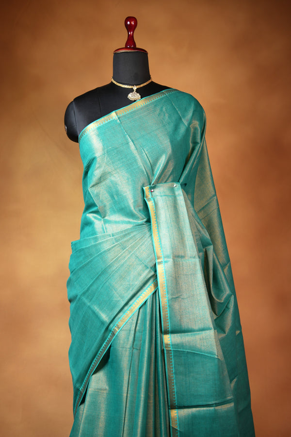 Chungudi Tissue Saree | Teal Green with Golden Shimmer & Narrow Zari Border | Festive & Pooja Wear
