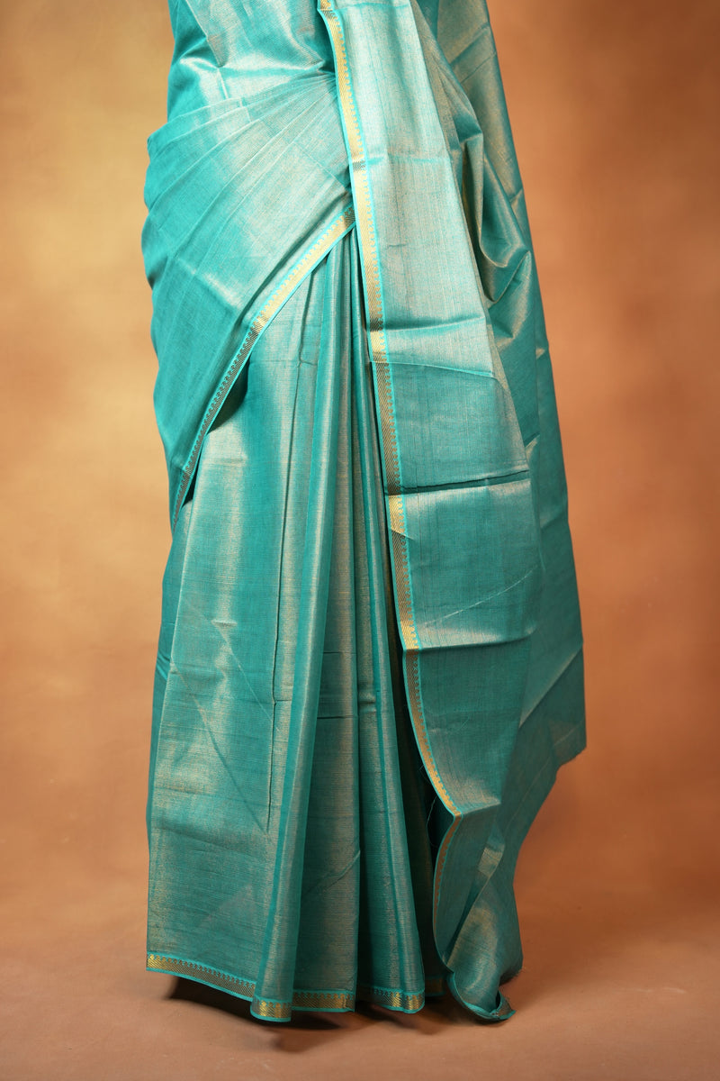 Chungudi Tissue Saree | Teal Green with Golden Shimmer & Narrow Zari Border | Festive & Pooja Wear
