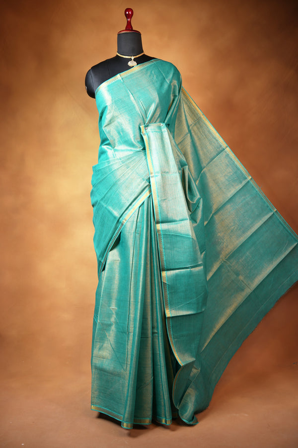 Chungudi Tissue Saree | Teal Green with Golden Shimmer & Narrow Zari Border | Festive & Pooja Wear