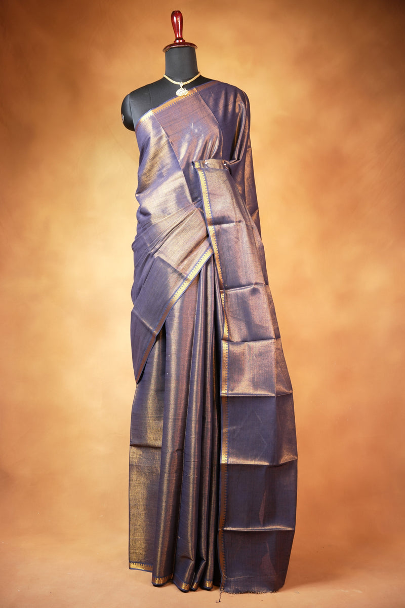 Chungudi Tissue Saree | Slate Grey with Golden Shimmer & Narrow Zari Border | Festive & Pooja Wear