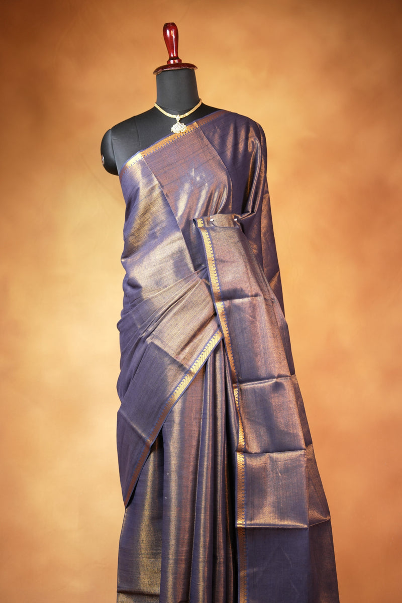 Chungudi Tissue Saree | Slate Grey with Golden Shimmer & Narrow Zari Border | Festive & Pooja Wear