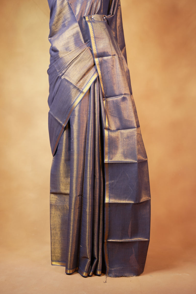 Chungudi Tissue Saree | Slate Grey with Golden Shimmer & Narrow Zari Border | Festive & Pooja Wear