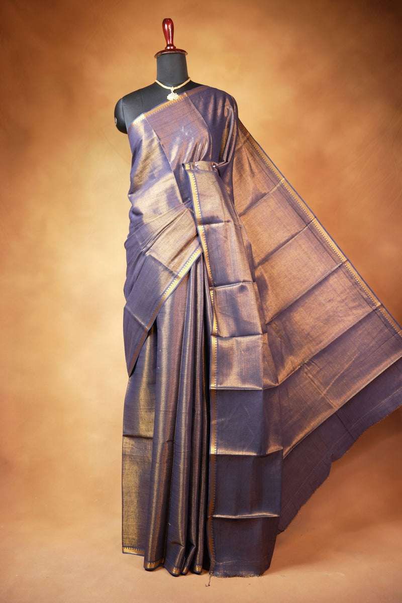 Chungudi Tissue Saree | Slate Grey with Golden Shimmer & Narrow Zari Border | Festive & Pooja Wear