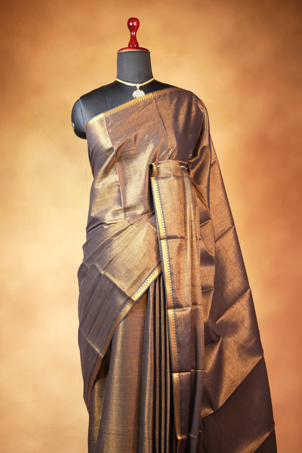 Antique Gold Tissue Saree | Metallic Gold Shimmer with Woven Zari Border | Traditional Chungudi Style Wear