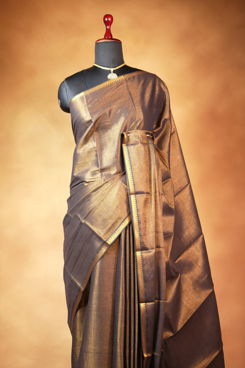 Antique Gold Tissue Saree | Metallic Gold Shimmer with Woven Zari Border | Traditional Chungudi Style Wear