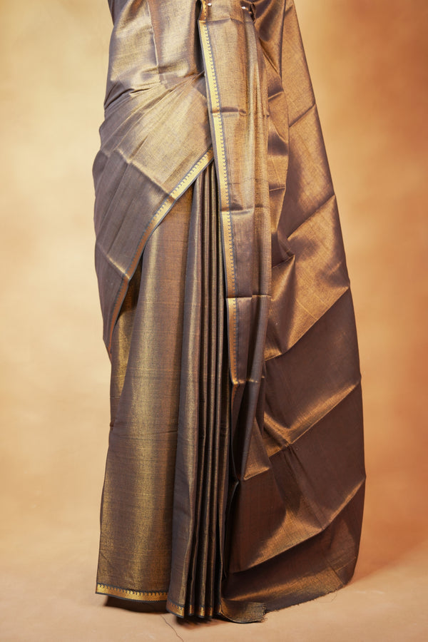Antique Gold Tissue Saree | Metallic Gold Shimmer with Woven Zari Border | Traditional Chungudi Style Wear