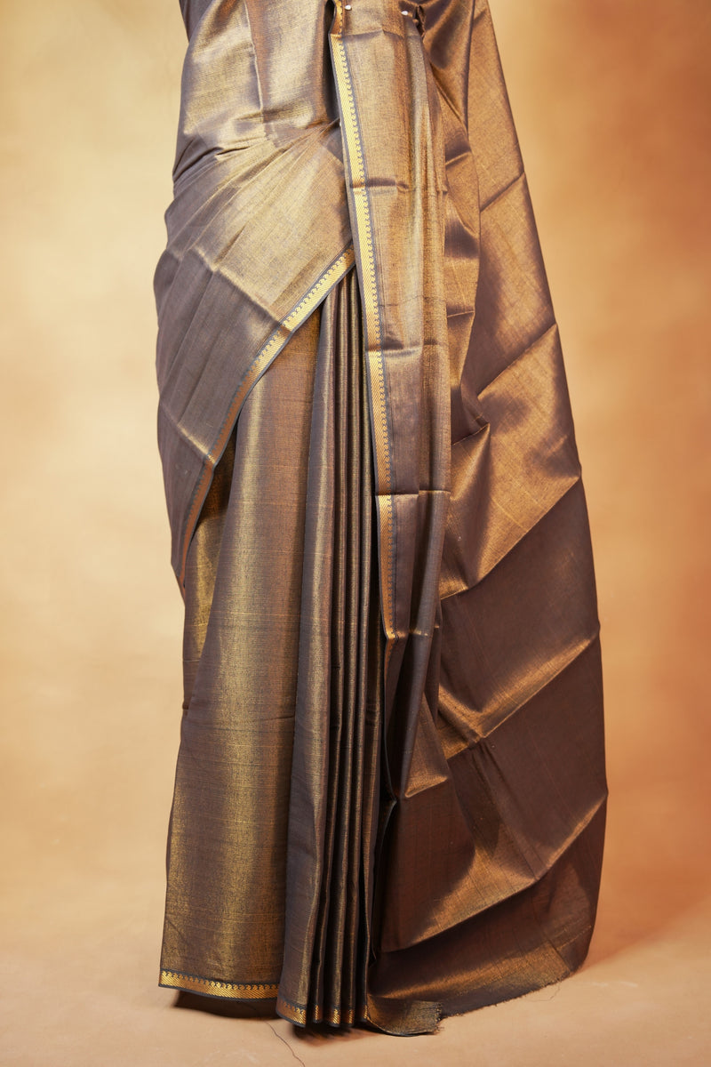 Antique Gold Tissue Saree | Metallic Gold Shimmer with Woven Zari Border | Traditional Chungudi Style Wear