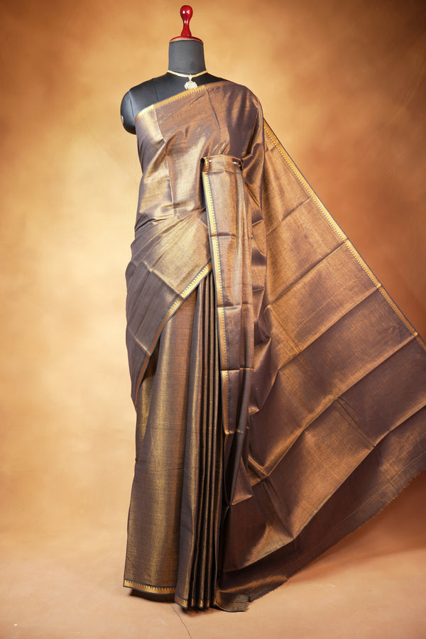 Antique Gold Tissue Saree | Metallic Gold Shimmer with Woven Zari Border | Traditional Chungudi Style Wear