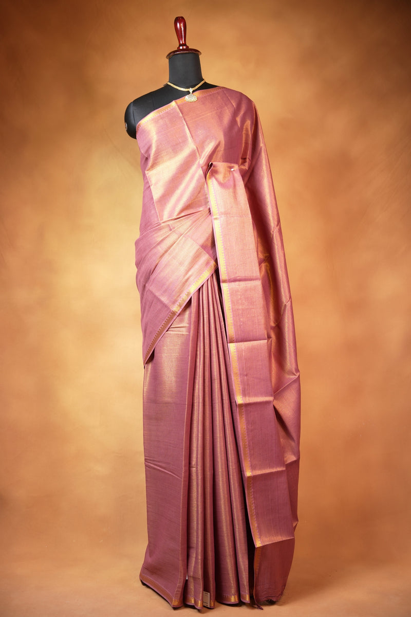 Chungudi Tissue Saree | Dusty Rose Pink with Golden Shimmer & Narrow Zari Border | Festive & Pooja Wear