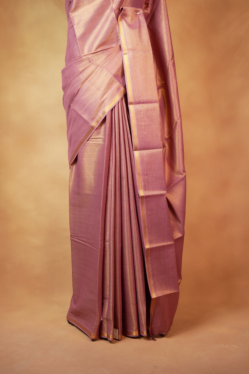 Chungudi Tissue Saree | Dusty Rose Pink with Golden Shimmer & Narrow Zari Border | Festive & Pooja Wear