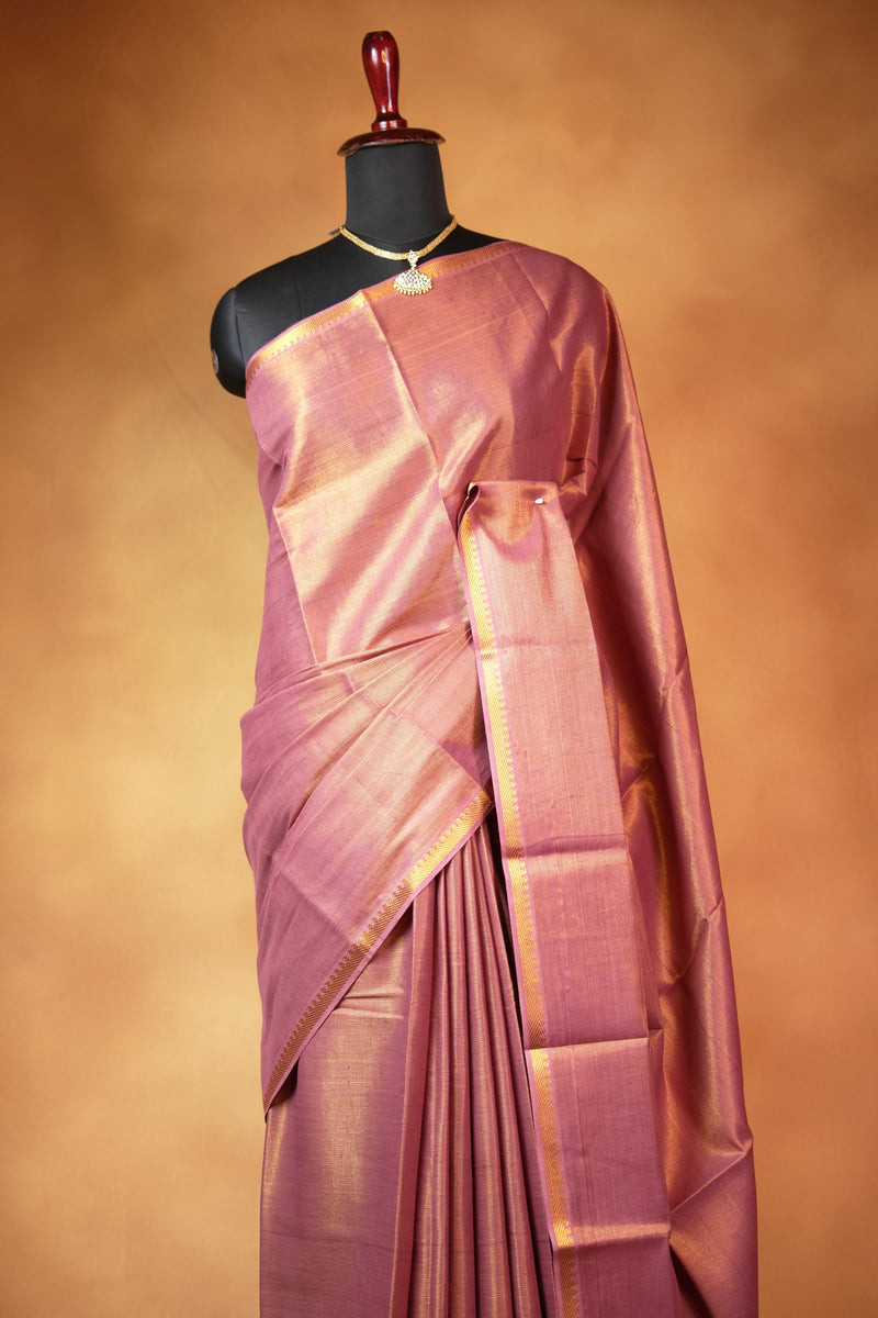 Chungudi Tissue Saree | Dusty Rose Pink with Golden Shimmer & Narrow Zari Border | Festive & Pooja Wear