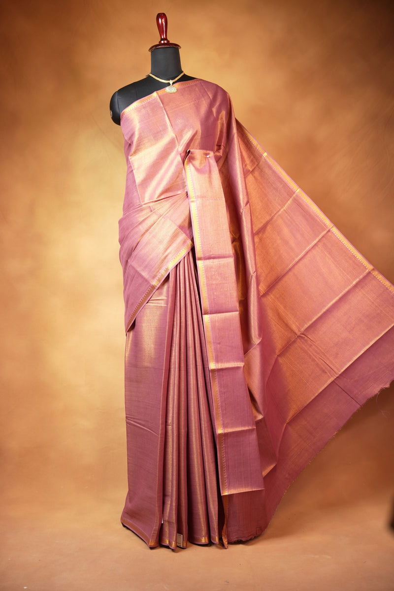 Chungudi Tissue Saree | Dusty Rose Pink with Golden Shimmer & Narrow Zari Border | Festive & Pooja Wear