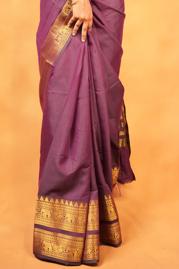 Chettinad Cotton Saree | Maroon with Gold Zari Elephant Border | Daily & Festive Wear