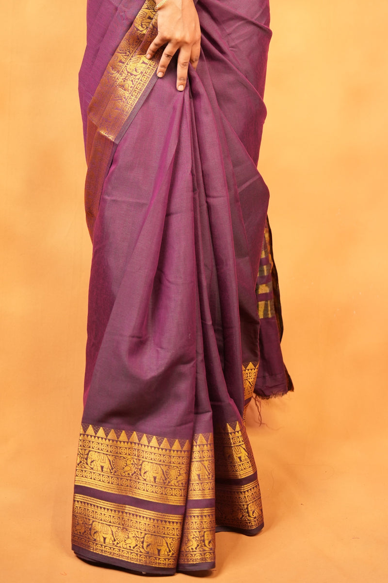 Chettinad Cotton Saree | Maroon with Gold Zari Elephant Border | Daily & Festive Wear