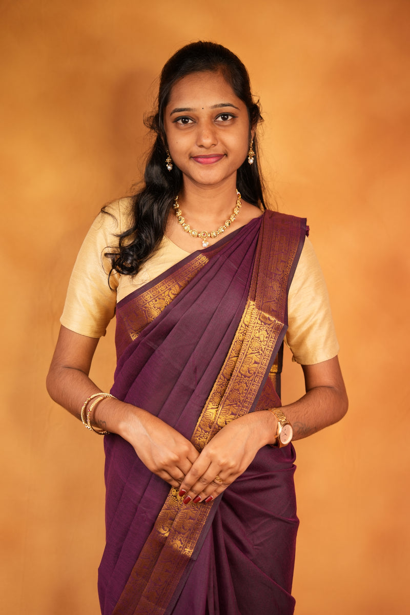 Chettinad Cotton Saree | Maroon with Gold Zari Elephant Border | Daily & Festive Wear