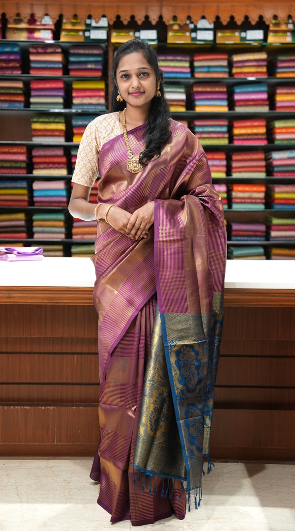 Fancy Cotton Saree | Magenta Purple with Peacock Blue Gold Woven Pallu | Festive & Function Wear