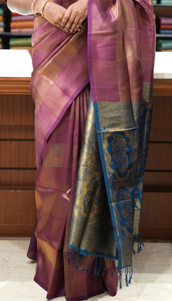 Fancy Cotton Saree | Magenta Purple with Peacock Blue Gold Woven Pallu | Festive & Function Wear