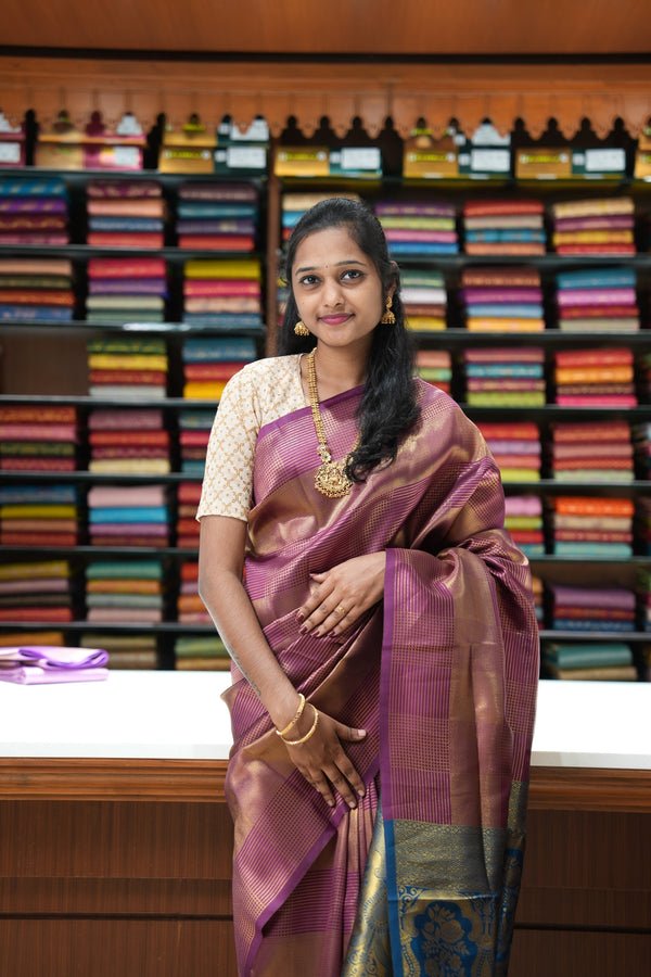 Fancy Cotton Saree | Magenta Purple with Peacock Blue Gold Woven Pallu | Festive & Function Wear