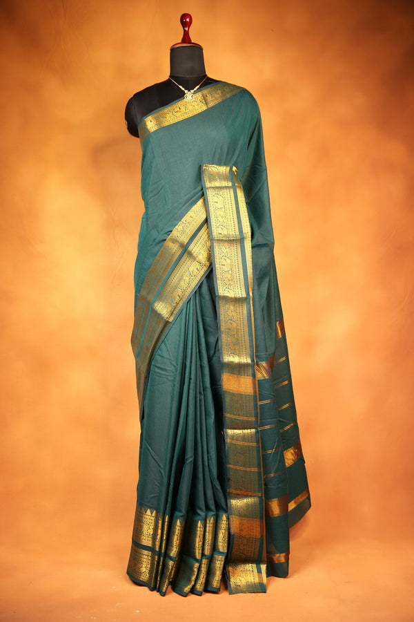 Chettinad Cotton Saree | Bottle Green with Wide Gold Zari Temple Border & Pallu | Daily & Festive Wear