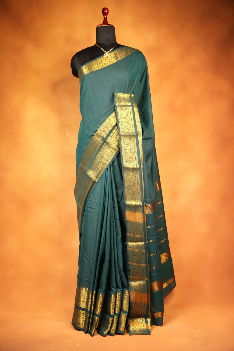 Chettinad Cotton Saree | Bottle Green with Wide Gold Zari Temple Border & Pallu | Daily & Festive Wear