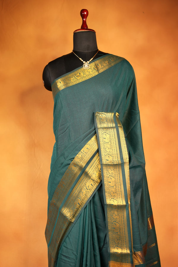 Chettinad Cotton Saree | Bottle Green with Wide Gold Zari Temple Border & Pallu | Daily & Festive Wear