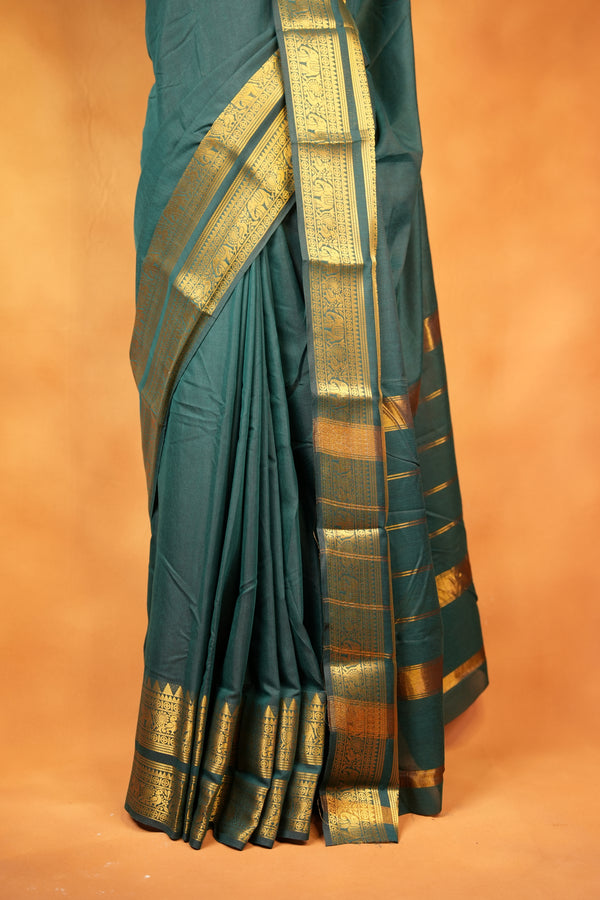 Chettinad Cotton Saree | Bottle Green with Wide Gold Zari Temple Border & Pallu | Daily & Festive Wear