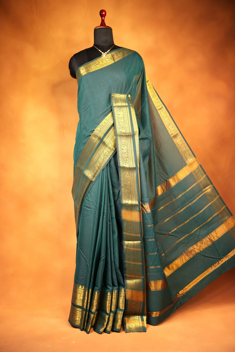 Chettinad Cotton Saree | Bottle Green with Wide Gold Zari Temple Border & Pallu | Daily & Festive Wear