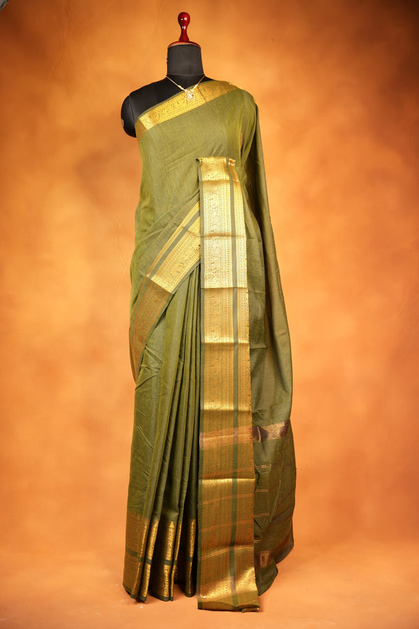 Chettinad Cotton Saree | Moss Green with Wide Gold Zari Temple Border & Pallu | Daily & Festive Wear